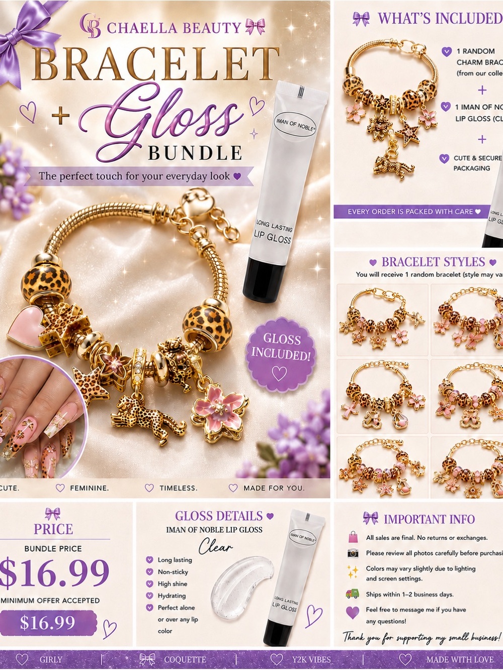 Gold & Leopard Charm Bracelet + Clear Lip Gloss | Chaella Beauty